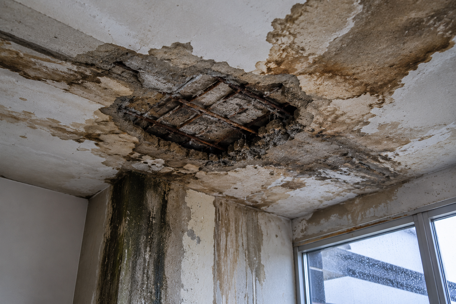 Daño estructural por filtración de agua en construcción